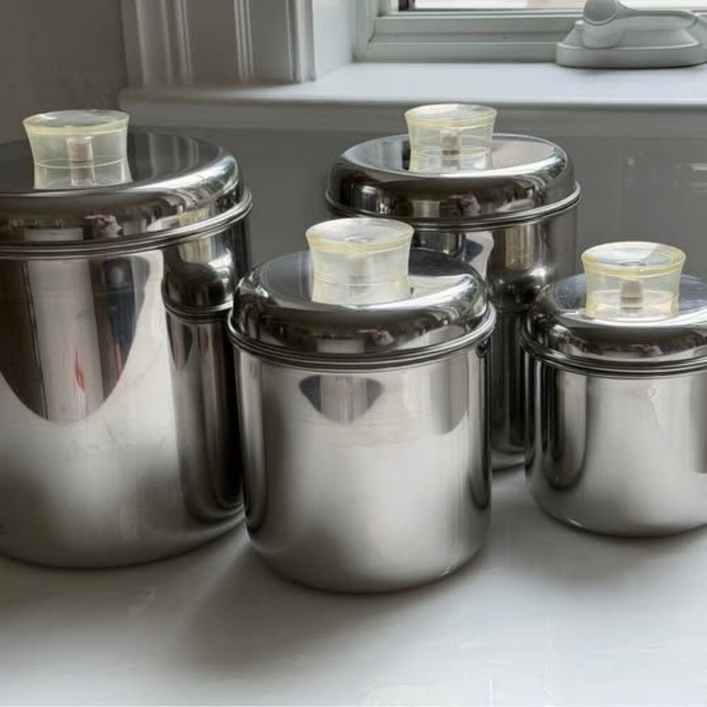 Vintage MCM mid century Revere Ware 4Piece Stainless Canister Set Lucite knobs